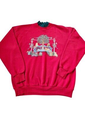 Vintage 90s Endless Designs Cat Garden Scene Sweatshirt - Red Double Collar XL
